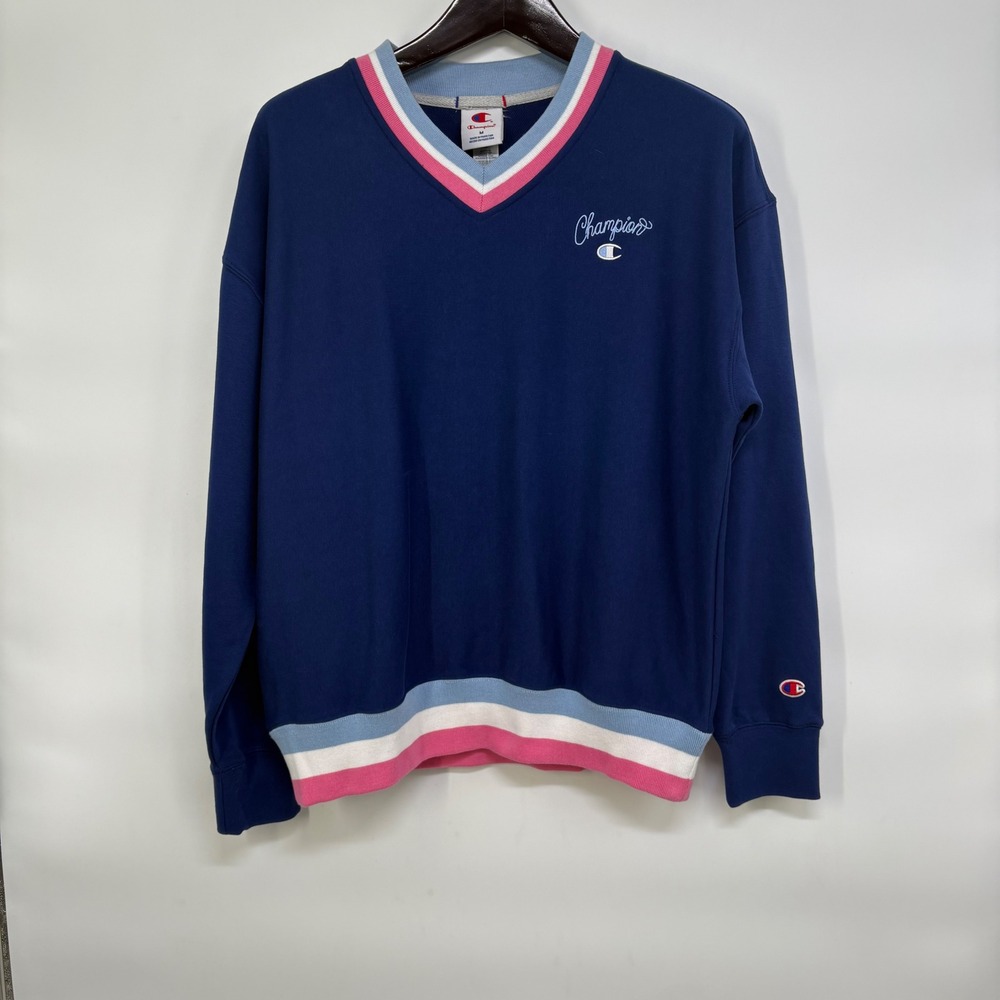 Champion Mens Essential Weave V-Neck Sweatshirt Navy Blue Striped Trim M